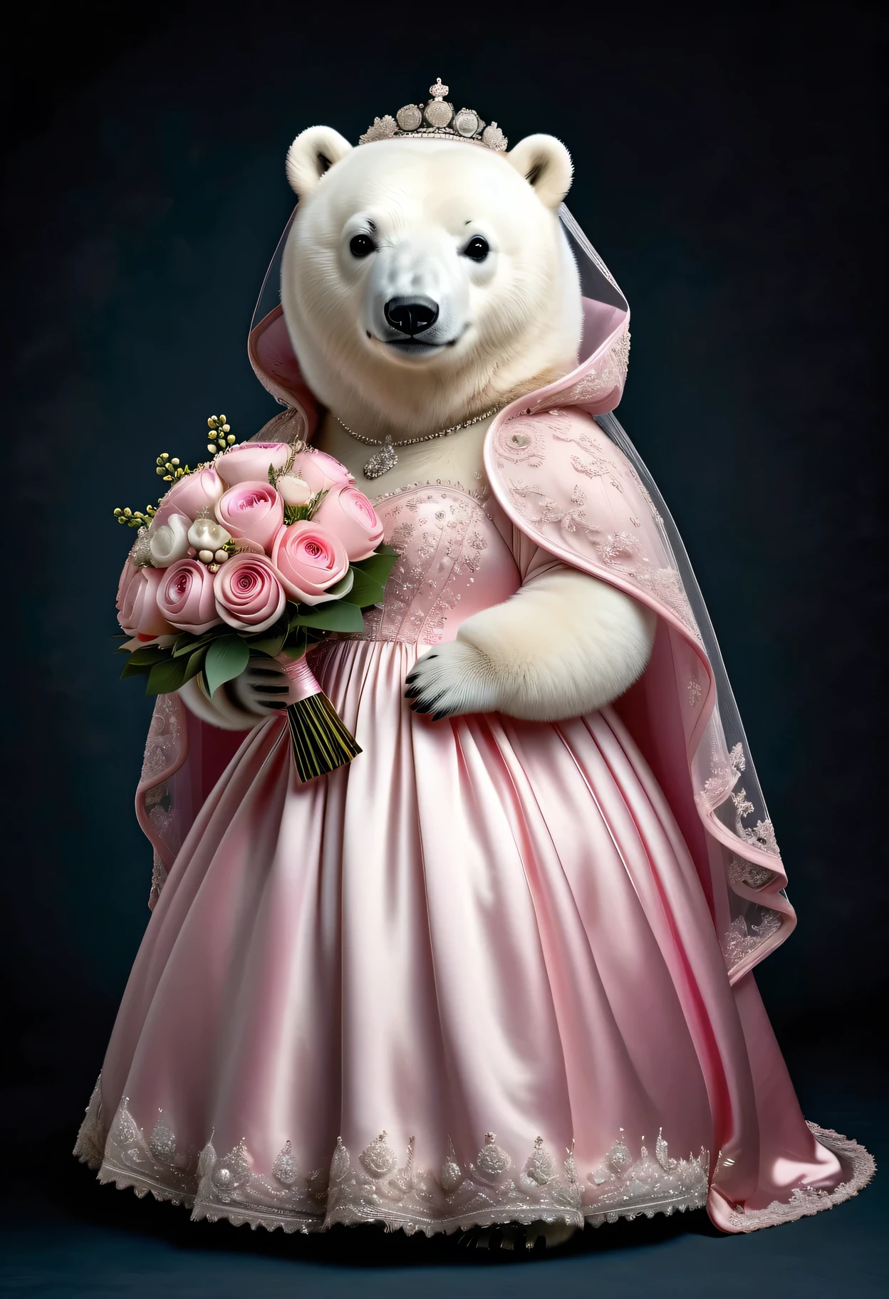 photorealistic portrait of Dressed animals - a ((fat)) baby polar bear bride,(elegant pose),(closed mouth),(furry), high quality,(lovely) ,intricate details, highly detailed (gothic pink wedding dress)),wearing opera globes ,wearing highly detailed veil, highly detailed decorations ,holding flower bouquet, (happy), studio lighting,(full body image:2.0)