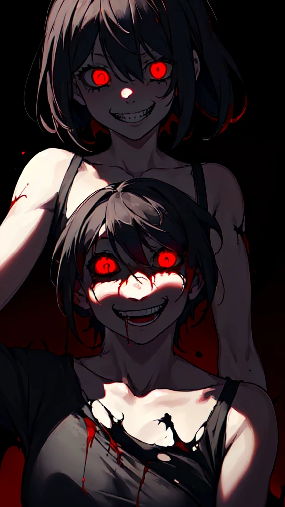 1 girl, (torn clothes:1.1), cinematic lighting, dark, Shadow, red background, (crazy smile,constricted pupils, little pupil:1.2),Hamburger Eater
