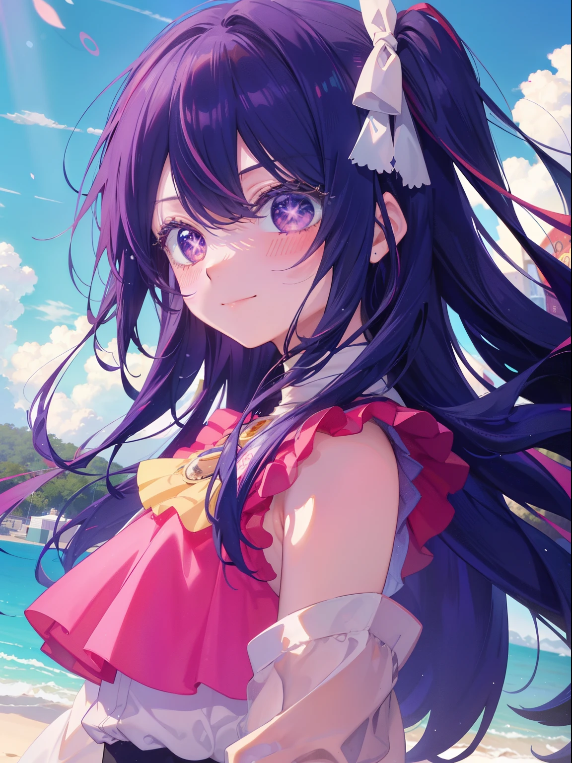 Hoshino Ai、Good looking girl (Long purple hair with square bangs, One-eyed star,blush, Perfect Face), independent , Looking at the camera, masterpiece, Anime art style, Cute Characters, Most detailed, high quality、Nico Nico Smile、Show your armpits、Long Hair、Wear cute clothes、blue sky