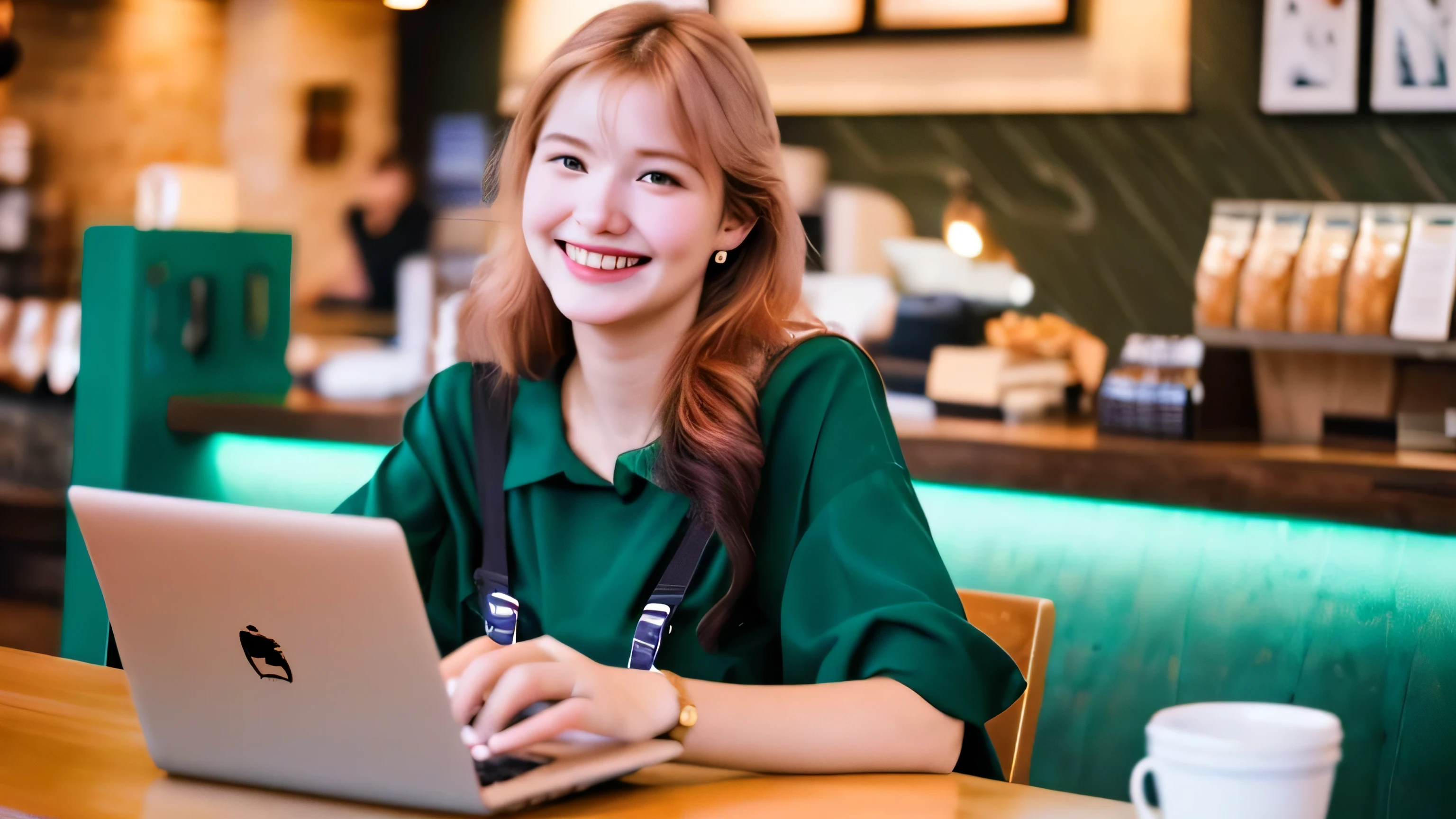 (Perfect Face)), ((highest quality)),超High resolution, 4K, wallpaper, High quality photos,Cafes like Starbucks,Inside the store with atmosphere,Woman with colorful hair,Beautiful hands,smile,study,Remote,laptop,viewing angle, Ultra HD, masterpiece, Best quality, Super Detail, High resolution, High Quality On, (Vision: 1.3)