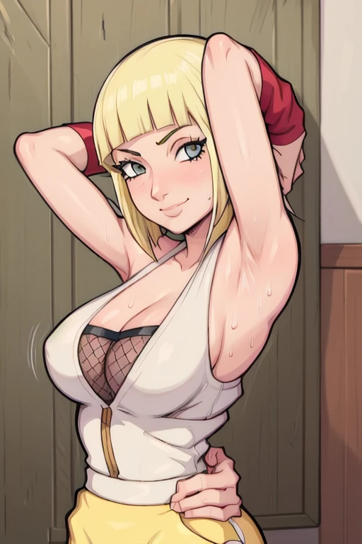 masterpiece, best quality, samui, looking at viewer, large breasts, upper body, portrait, looking at viewer, seductive smile,put your hands behind your head, armpits, armpits visible, sweaty armpits, short hair, yellow hair, white outfit