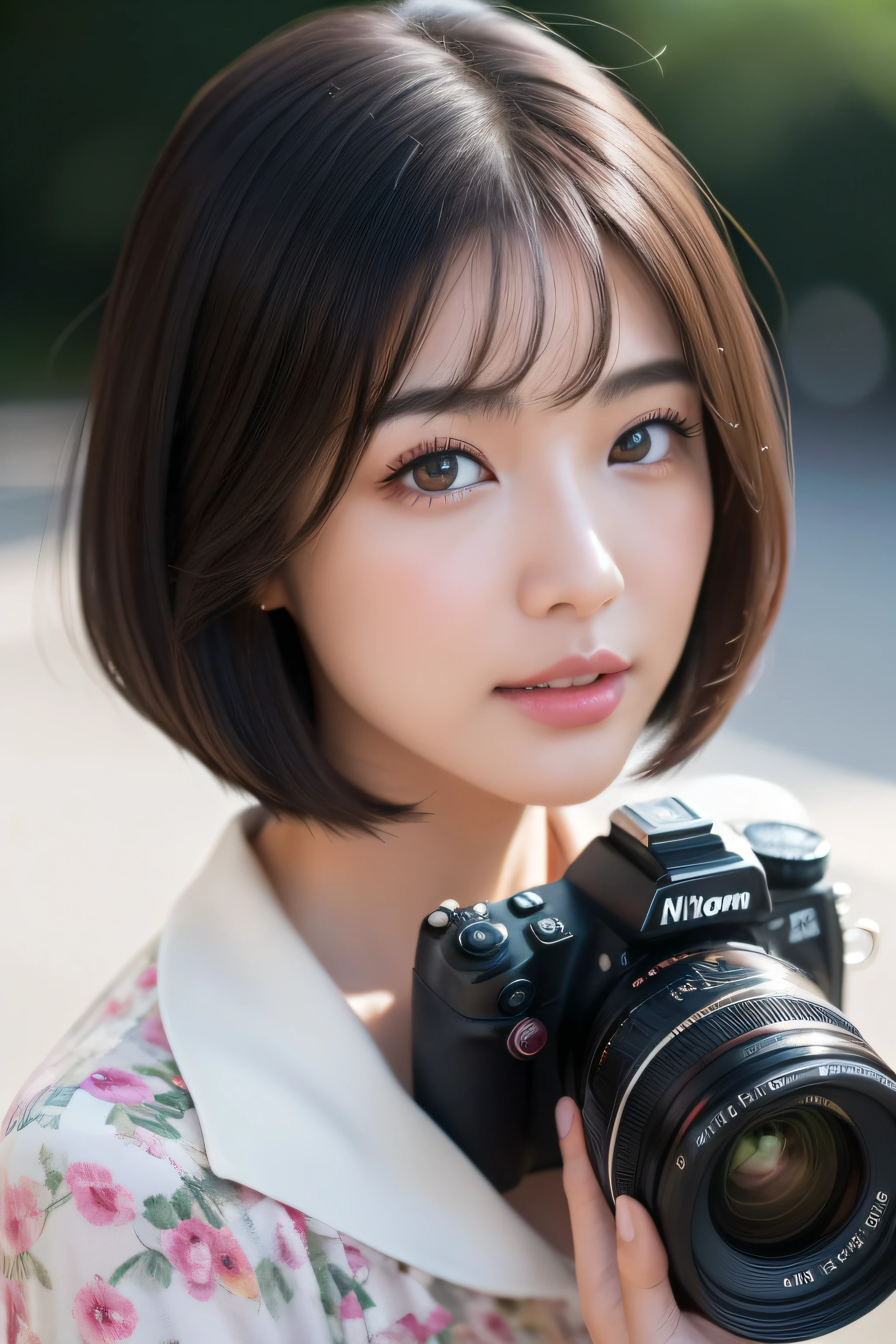 ｛｛surrealistic｝｝natural lighting、｛Photographer｝（I have a SLR camera.）
（on the street、（Cute woman holding a camera in the city））
（Intricate details、Clear focus、professional、Photorealistic、Top quality、Live Recording、8k、
（（｛Realist、Real People｝）porch、Photorealism、）、
（A beautiful girl、Japanese female high school students、18 years old、1 girl、solo、（Excellent style、（White skin、Slim 、Breast size is moderate,:3.2、））
Ulzan-6500-V1.1, 
（Ultra-fine face、（Very detailed lips、Round and delicate eyes、Double eyelids、Moist eyes、Delicate eyebrows、））
（hairstyle、（Bob cuts、Dark-haired、smooth hair、Shiny hair、Bob、））、 
（Feminine、（Not sure、有charm的女人、healthy、Charmed、charm、shy、happy、Kawaii、stand up、Good aroma、））、 
（clothing、Luo Fashion、（（dressing gown、Cute clothes、Not sure、Kawaii、fashionable、））（Become、silk、healthy、appoint、））
（front（SLR（Looking through the viewfinder, The camera is facing this way.））
Nikon Z 85mm、(original photo:1.2)