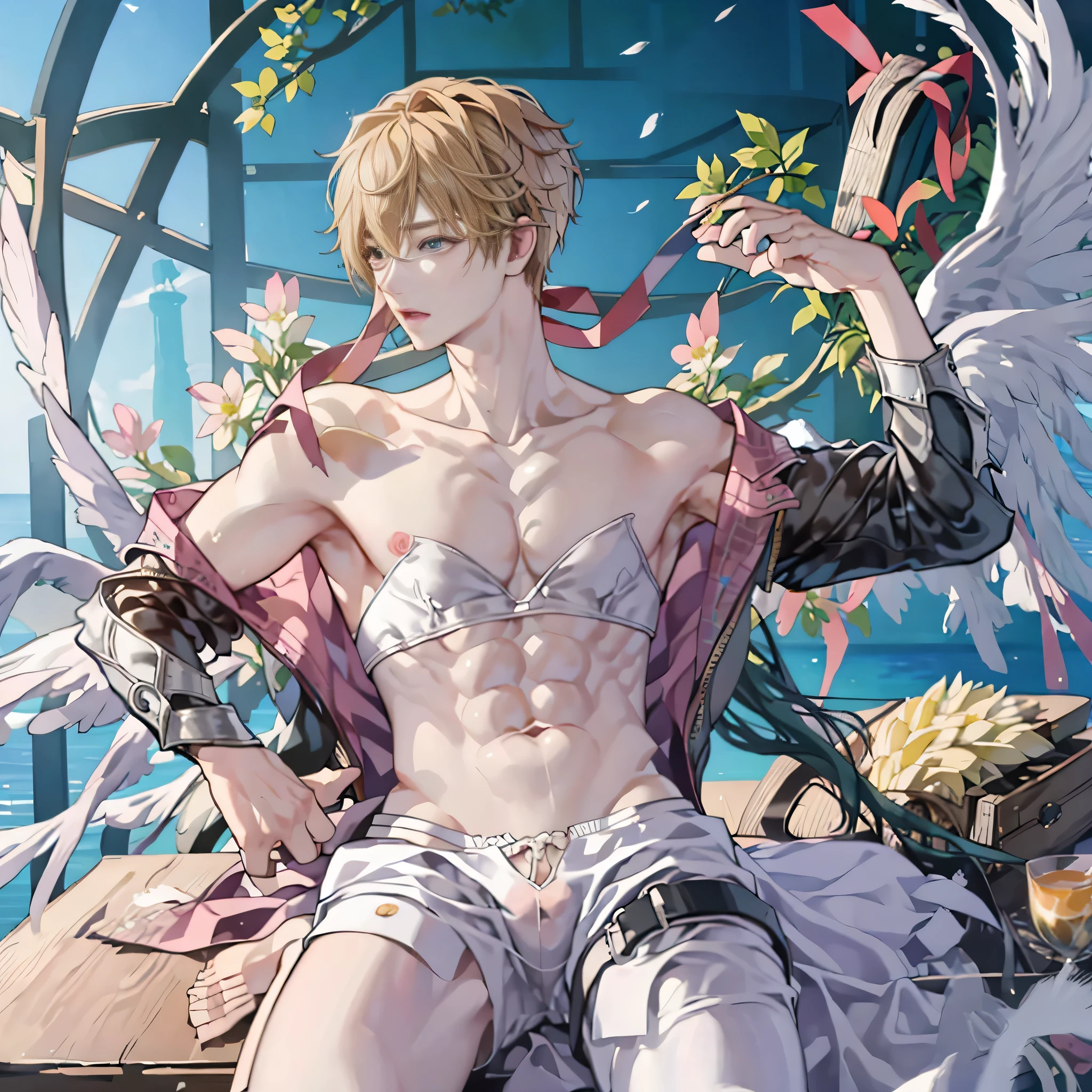 Very detailed、Ultra-high resolution、high quality、4K、solo、One boy、Very delicate and beautiful、figure、masterpiece、(figure)、Digimon、whole body、Sitting、Angel's Wing、Blonde、(covered eyes:1.7)、Helmet、Knee socks、Bare shoulders、elbow gloves、feathered wing、gloves、head wing、belly button、pink ribbon、single elbow glove、single glove、Thigh straps、wing、open mouth、v-shaped eyebrows、As a man