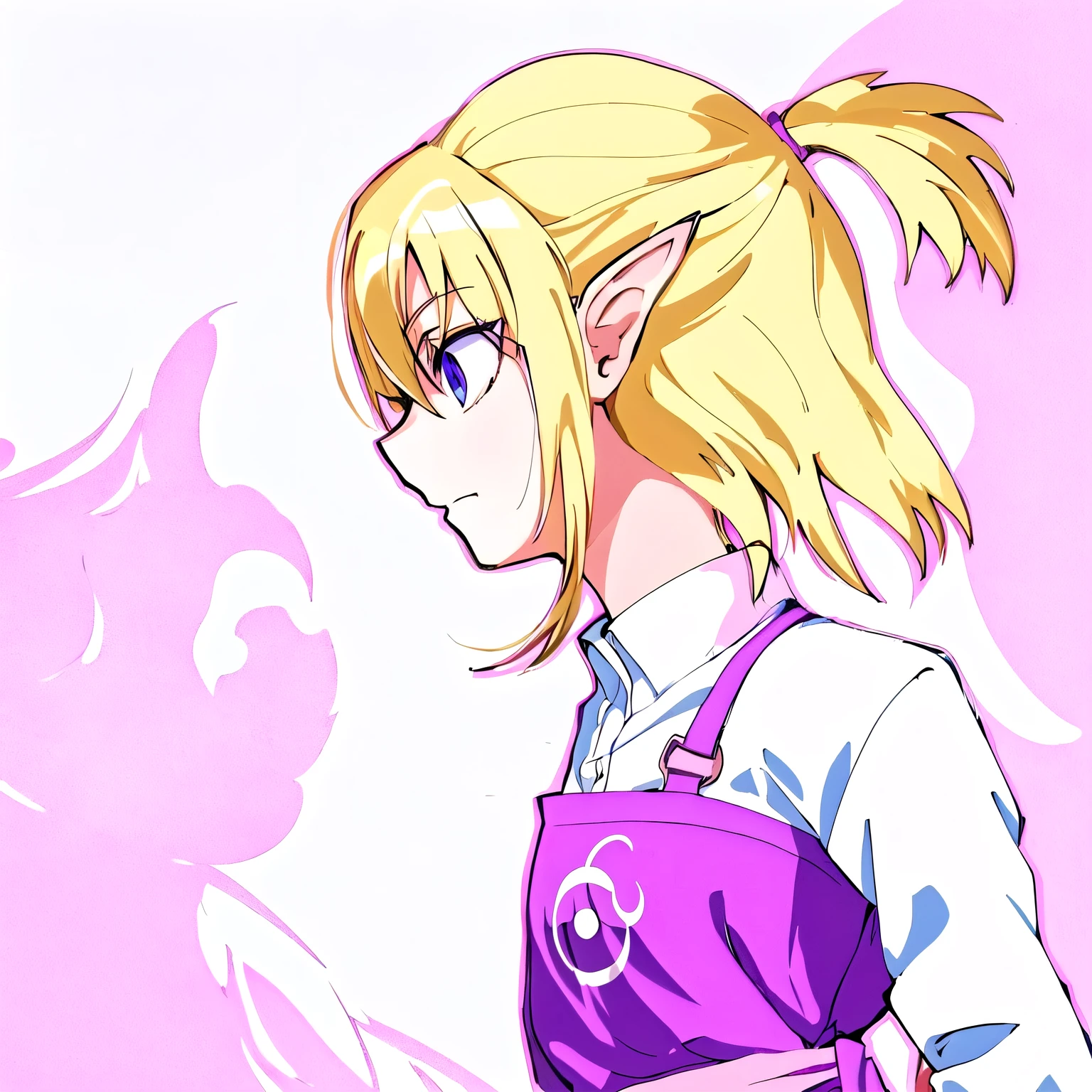 anime girl with blonde hair and purple apron looking away, 2 d anime style, fully colored, an elf girl, 2d art, 2 d art, anime style character, alchemist girl, thin young male alchemist, cel - shaded art style, inspired by Matsumura Goshun, demon slayer rui fanart, colored lineart