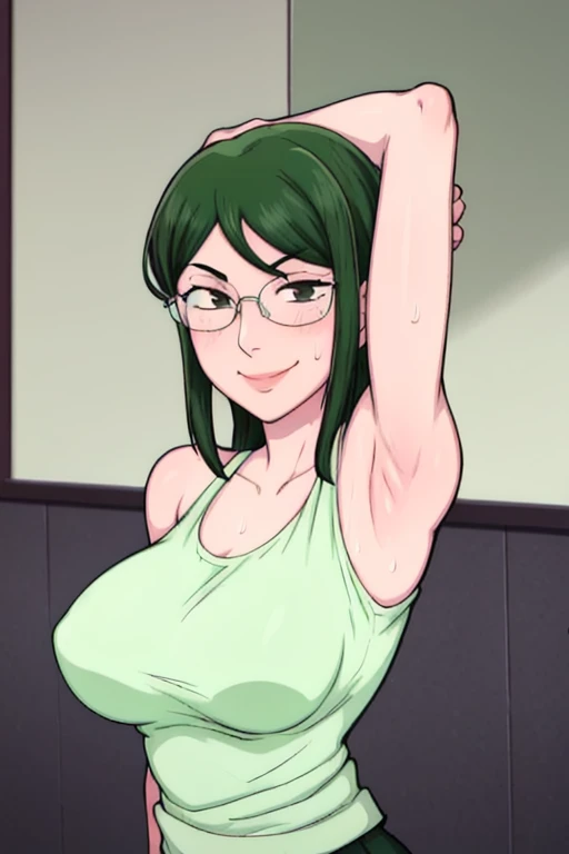 masterpiece, best quality, hanako koyanagi, looking at viewer, large breasts, upper body, portrait, looking at viewer, seductive smile,put your hands behind your head, armpits, armpits visible, sweaty armpits, long hair, green hair, wearing tanktop no bra, wearing glasses