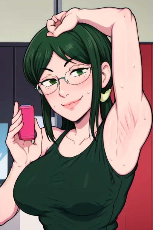 masterpiece, best quality, hanako koyanagi, looking at viewer, large breasts, upper body, portrait, looking at viewer, seductive smile,put your hands behind your head, armpits, armpits visible, sweaty armpits, long hair, green hair, wearing tanktop no bra, wearing glasses