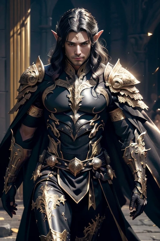 (master piece:1.5), (best quality:1.5), (exquisite lighting and shadow, highly dramatic picture, cinematic lens effect) (Photorealistic picture) highly detailed, realistic, cinematic lighting, studio quality, 8k, wallpaper, dynamic pose, anatomy correct, epic fantasy digital art, Epic composition, full body very long dark black hair pale Male elf swordsman red eyes wearing a black leather armor, shiny black intricate elaborated plate chest with gold leaf accents small shoulder black armor with gold leaf ornaments, black plate gauntlets with gold leaf ornaments, no helmet, long black cape with gold ornaments, dark night background, castle at the distance