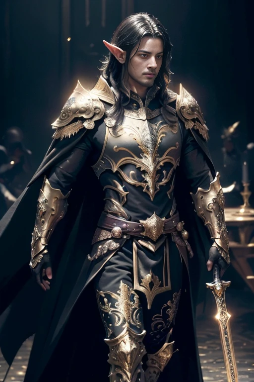 (master piece:1.5), (best quality:1.5), (exquisite lighting and shadow, highly dramatic picture, cinematic lens effect) (Photorealistic picture) highly detailed, realistic, cinematic lighting, studio quality, 8k, wallpaper, dynamic pose, anatomy correct, epic fantasy digital art, Epic composition, full body very long dark black hair pale Male elf swordsman red eyes wearing a black leather armor, shiny black intricate elaborated plate chest with gold leaf accents small shoulder black armor with gold leaf ornaments, black plate gauntlets with gold leaf ornaments, no helmet, long black cape with gold ornaments, dark night background, castle at the distance