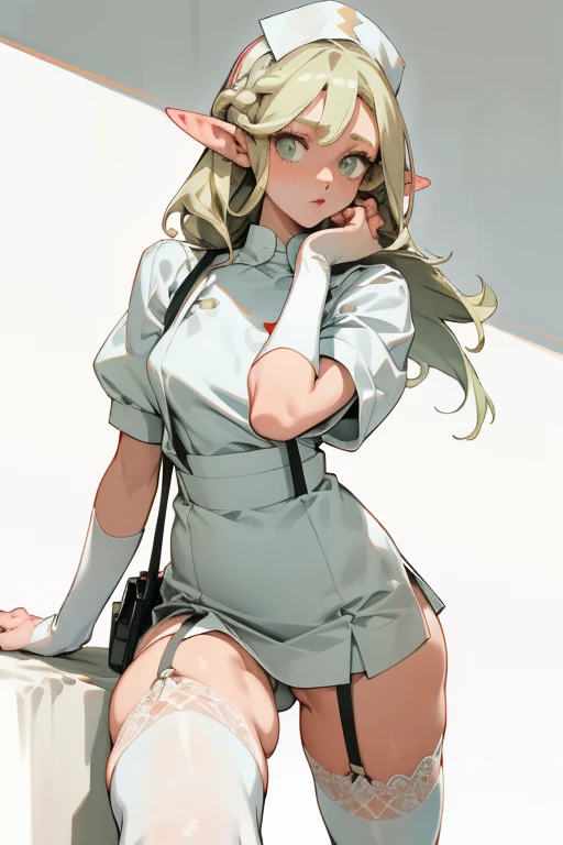 Pointed ears,Large target ,Two Legs(Princess hairstyle),Short hair details,Have long hair on the sideburns,thigh,White nurse,White nurse,White knee socks,Lace suspenders
