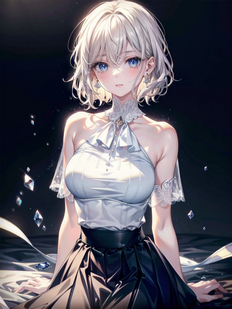 absurdres, RAW photo, extremely delicate and beautiful, masterpiece, Best Quality, ultra high resolution, 32k, hyperrealistic, ultra-detailed, detailed description, pale skin, 20 years old, delicate facial features, detailed beautiful face and eyes, tearful mole, earring, Colossal tits, short medium hair, wavy hair, full body shot, halterneck, blouse, skirt,