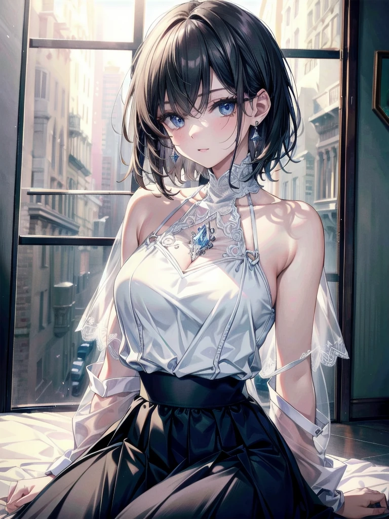 absurdres, RAW photo, extremely delicate and beautiful, masterpiece, Best Quality, ultra high resolution, 32k, hyperrealistic, ultra-detailed, detailed description, pale skin, 20 years old, delicate facial features, detailed beautiful face and eyes, tearful mole, earring, Colossal tits, short medium hair, wavy hair, full body shot, halterneck, blouse, skirt,
