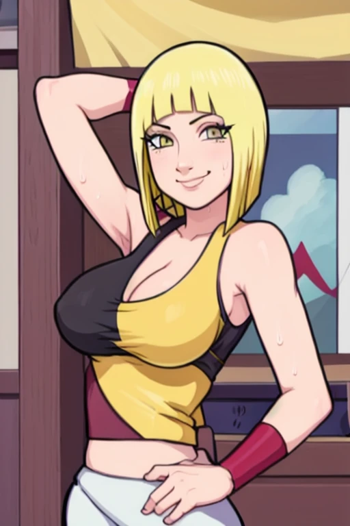 masterpiece, best quality, samui, looking at viewer, large breasts, upper body, portrait, looking at viewer, seductive smile,put your hands behind your head, armpits, armpits visible, sweaty armpits, short hair, yellow hair, white outfit