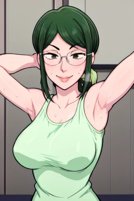 masterpiece, best quality, hanako koyanagi, looking at viewer, large breasts, upper body, portrait, looking at viewer, seductive smile,put your hands behind your head, armpits, armpits visible, sweaty armpits, more sweaty armpits,long hair, green hair, wearing tanktop no bra, wearing glasses