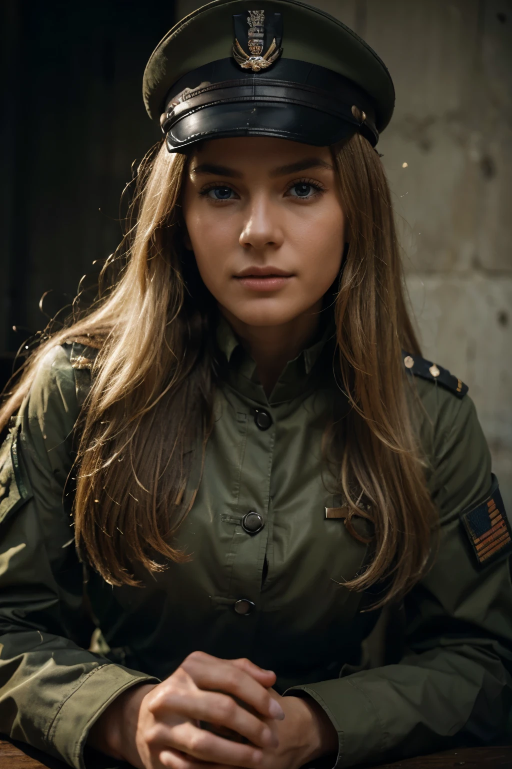 during the world war two, running in the middle of the battlefield, full view of a woman 30 years old, very long blond straight hair, blue eyes, slim, large chest, she's wearing a in military uniform with guns and an army helmet, black boots, analog style, skin texture, film grain, Ultra High Resolution, best shadow, RAW, high detailed face, high detailed skin, high detail face, beautiful face, natural skin texture, no reflection, see the grain of its skin, high detailed face, high detailed skin, Fujifilm XT3, realistic photography, perfect face.