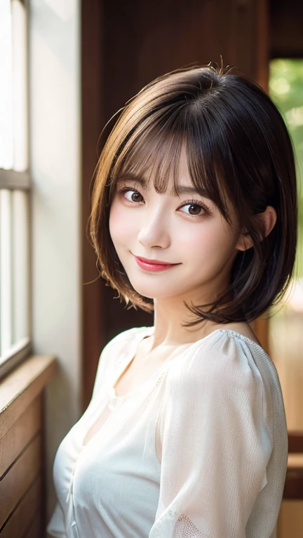 (highest quality,masterpiece:1.3,Ultra-high resolution),(Very detailed,Caustics,8k),(Realistic:1.4,RAW shooting),Japanese,28 years old,cute,I'm looking at the camera with a smile on my face,Silver Hair,short hair,Duck mouth,Natural Makeup,big ,See-through,Solid Open Front Sheer Blouse、Elegant 3/4 sleeve cover up blouse ,夏用レース トップス レディース 半袖 スタンドカラー See-through,Bust up shot,Warm Light,Natural light,Professional Writing