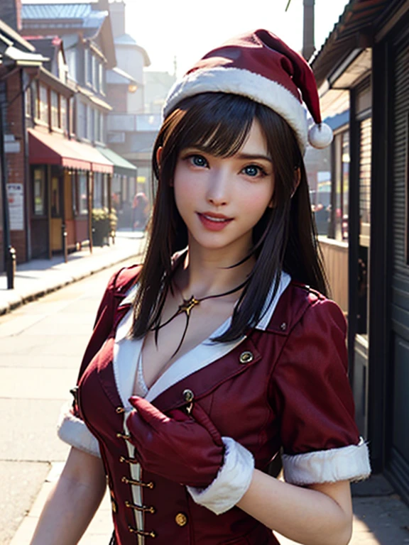 (Tabletop:1.4, highest quality、Has a very cute smile、Very attractive adult beauty:1.4、Add strong highlights to the eyes:1.4、Please look closely at the camera、Place your right hand on your chest、A beautiful woman with adult charm:1.4),One Girl, solo, light brown shiny hair, Scarf,Santa Claus hat:1.4,Realistic, Looking at the audience, Bright colored crystal light blue eyes:1.4, Short shiny hair, Santa Claus Star Neck Knit、 A red and white Santa Claus costume with a turtleneck and a round hole in the center of the chest:1.4,Sexy red and white turtleneck knit sweater with round hole in the center of chest:1.4、 Lips, Lip gloss:1.4，Bans, Upper body、Big eyes、Eyelashes、Face is a little red:1.4、Embarrassing)、((Canada's tree-lined streets in winter:1.4))、((Brunette short bob with bangs、Big eyes、Give students a very strong highlight:1.4、{Ample breasts:2.8}、Staring at the audience、Very beautiful beauty、Listen carefully:1.4、Long neck:1.4、Smile a little、Beautiful Teeth、Laughing with your mouth open:1.4))、23 years old、Very cute supermodel:1.4, mini skirt, {{whole body:2.0}}, 