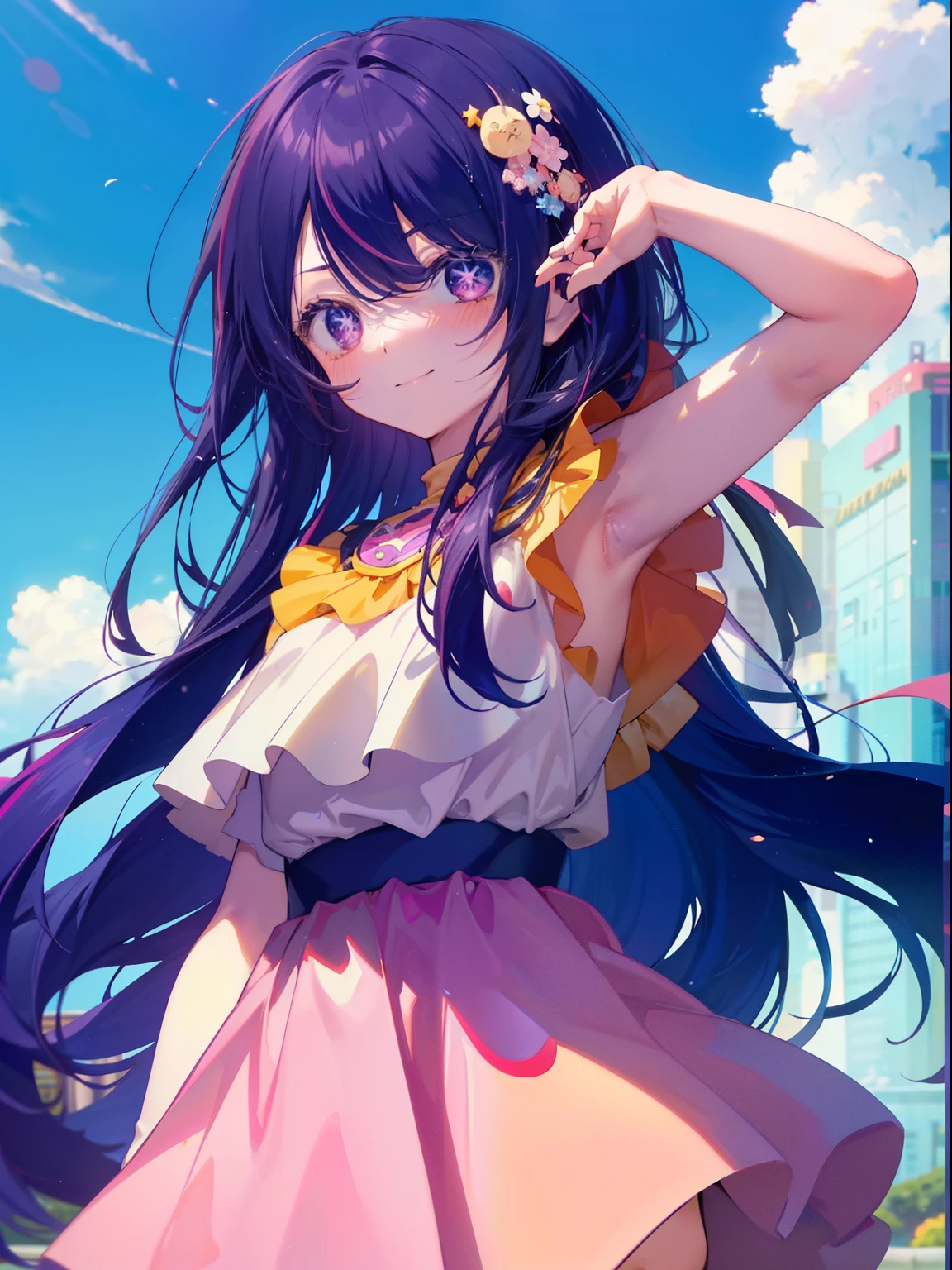 Hoshino Ai、Good looking girl (Long purple hair with square bangs, One-eyed star,blush, Perfect Face), independent , Looking at the camera, masterpiece, Anime art style, Cute Characters, Most detailed, high quality、Nico Nico Smile、Show your armpits、Long Hair、Wear cute clothes、blue sky、Idol Costumes
