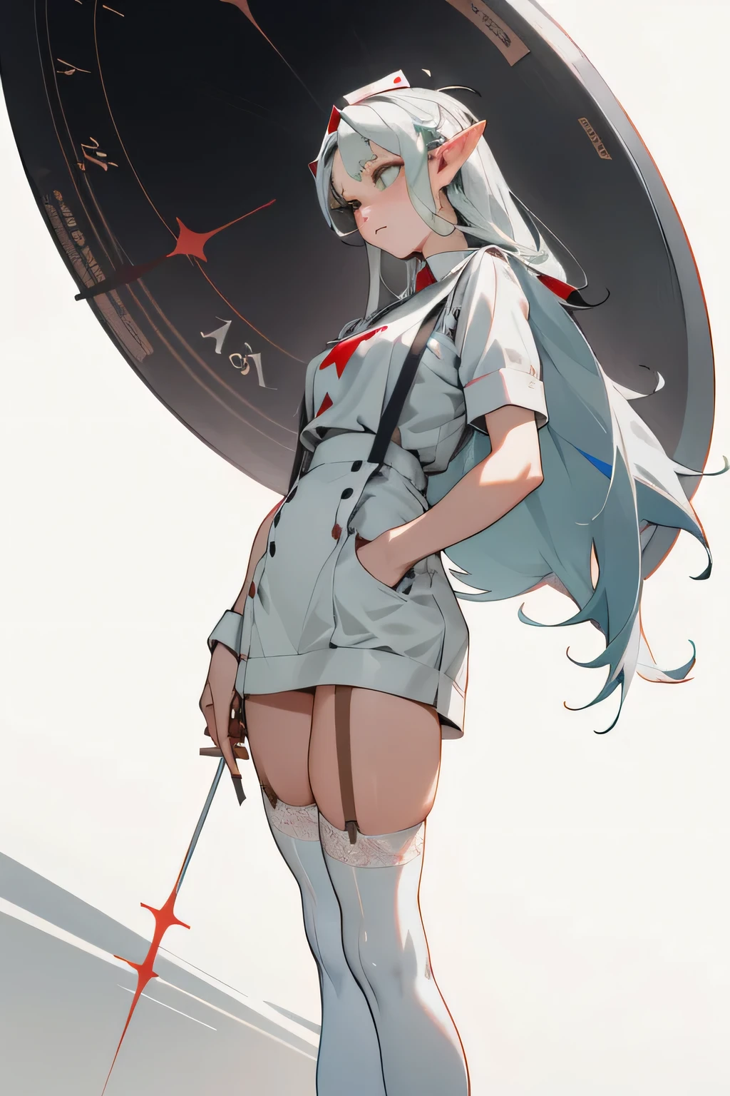 Pointed ears,Large target ,Two Legs(Princess hairstyle),Short hair details,Have long hair on the sideburns,thigh,White nurse,White nurse,White knee socks,Lace suspenders