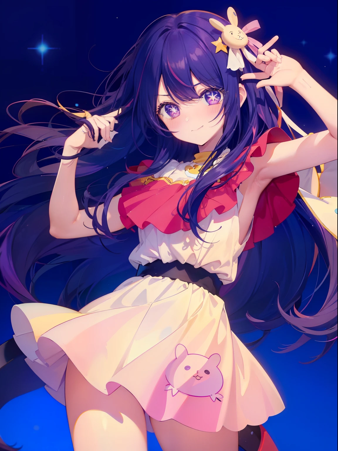 Hoshino Ai、Good looking girl (Long purple hair with square bangs, One-eyed star,blush, Perfect Face), independent , Looking at the camera, masterpiece, Anime art style, Cute Characters, Most detailed, high quality、Nico Nico Smile、Show your armpits、Long Hair、Wear cute clothes、blue sky、Idol Costumes