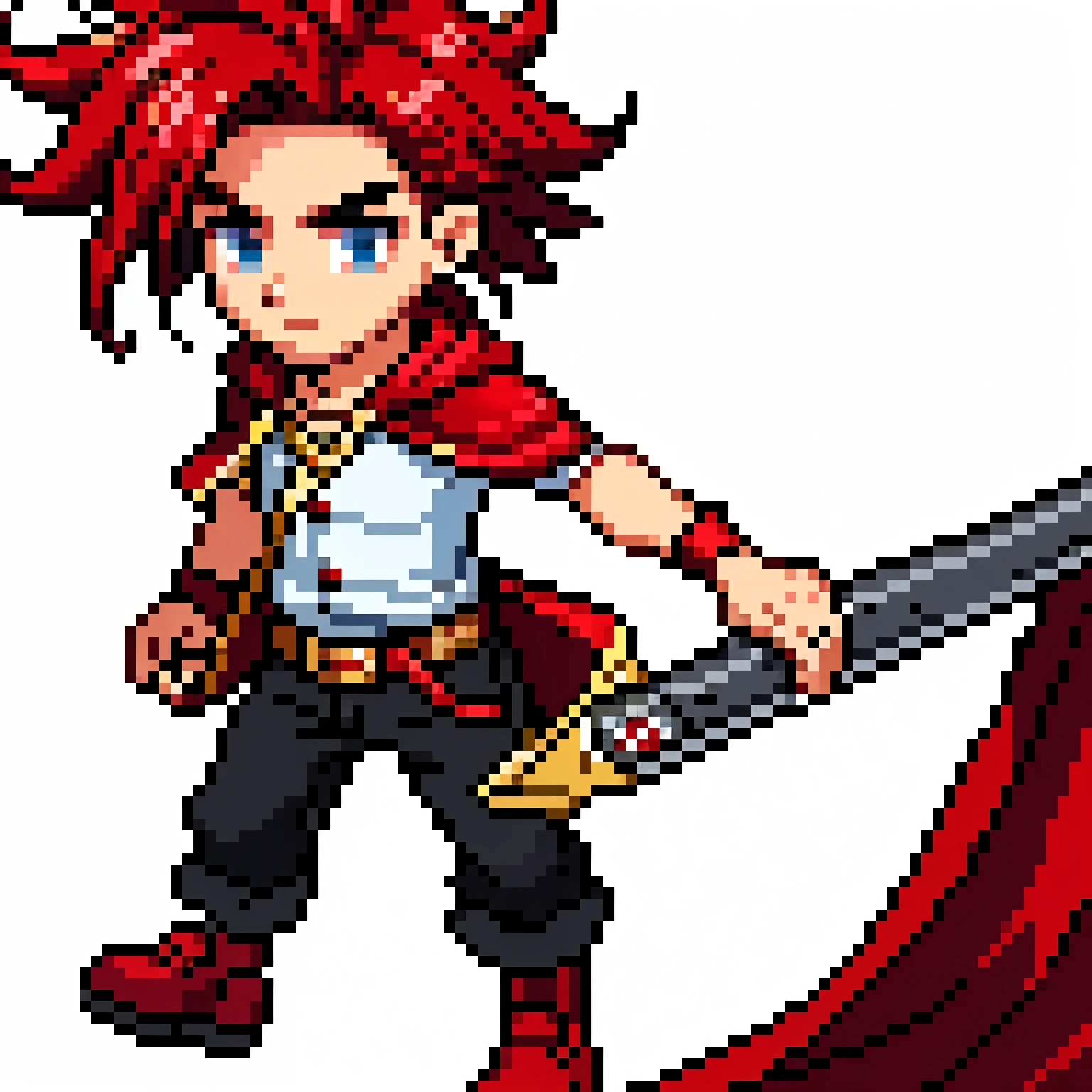 Male character similar to one from a game who is approximately 15 years old and does not yet have a very developed body,red hair that goes to shoulder length,hair is spiked to the sides. Wears a cape that goes to the middle of the belly and has a hood. He wears black pants with rolled-up bands on the bottom sleeve.. Wears a red shoe with a gold button. Wear a red blouse here when it reaches the beginning of the pants it starts to have layers and goes all the way to the foot bands. Wear a red side bag with a gold button.