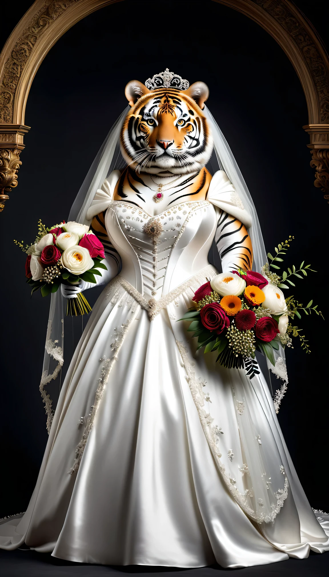 photorealistic portrait of Dressed animals - a ((fat)) tiger bride,(elegant pose),(closed mouth),(furry), high quality,(lovely) ,intricate details, highly detailed (gothic white wedding dress)),wearing opera globes ,wearing highly detailed veil, highly detailed decorations ,holding flower bouquet, (happy), studio lighting,(full body image:2.0)