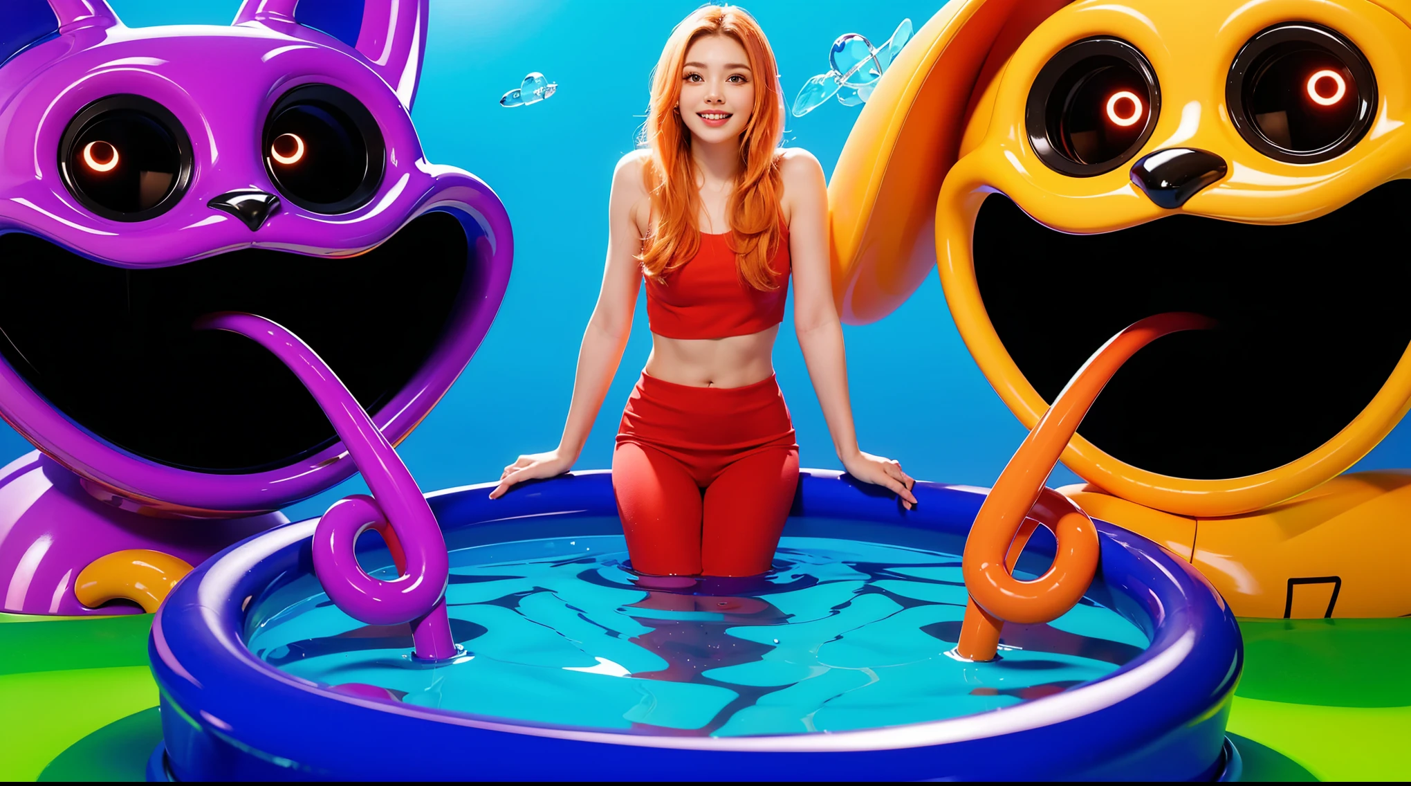 The image depicts three houses made of fish tails, sitting on the ocean floor. The left house is green, the middle one is purple, and the right one is orange. 3d underwater world algae sand. The image depicts a 3D rendered illustration of a boy and a girl with their hands shaped in the shape of a heart. They are both smiling and have red hair. The background is blue. cartoon characters stand next to each other, Electricsbunny, Holographic creatures, Beeple and Jeremiah Ketner, 🐋 as 🐘 as 🤖 as 👽 as 🐳, matte, Rabbids, cute 3D rendering, 3D icon for mobile game, robot rabbit, Shiny metallic, 3D персонажи violet cat toy, toy cat laying on glossy , glossy texture, smooth 3d model, multiple light sources, rim light, sharp post effects render, (glossy  big light probe refractions), perfect cgi, cgi art created only with gradients, smooth silhouette, high intensity refraction, (metalic), most beautiful vfx, blue background