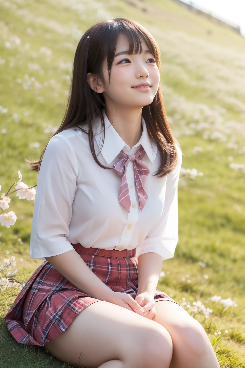 1 pretty Japanese high school girl, ((in her , knee-length plaid skirt and a crisp white blouse with a cherry blossom emblem)), ((blushing slightly, her cheeks tinted with a rosy hue)), ((shyly sitting with her legs crossed on a grassy slope)), outdoors, ((her light smile revealing a hint of shyness as she looks up at the clear blue sky, the sun casting a gentle glow over her delicate features)).