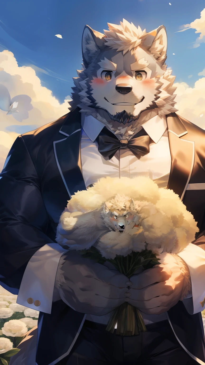 Solitary, anthropology, hairy, hairy male, Wolf, ((Fluffy fur, Fluffy, hairy body)), (Wolf印), (short beard), youth, Gray body, muscular, White, Big muscles, Golden pupils, Tail, deTailed teeth, deTailed face, Fundos, bridegroom, (Black suit suit), (Black bow tie), Holding a bouquet of white flowers, 害羞的站在church门前, deTailed Fluffy fur, deTailed face, Look down at the audience, majestic, barbarous, A faint smile, Blushing, Strong, church, White dove, Half sideways, Bottom view, (through empty ghost, From wolf26, masterpiece, high quality, high resolution,8k), permanent, Full body portrait, outdoor,