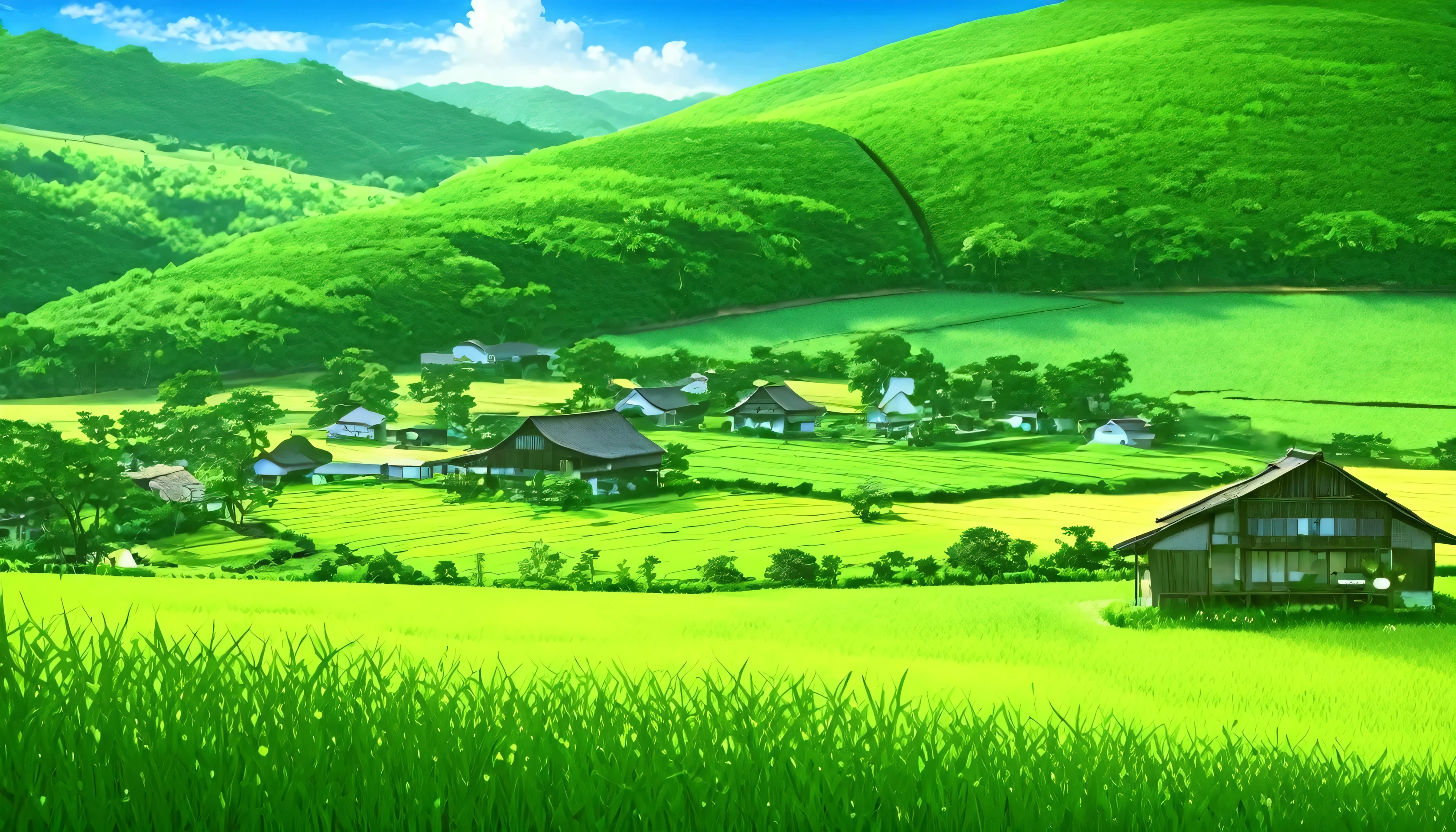 「Quiet Country Afternoon」The theme is。Please express a rural landscape filled with nature and tranquility.。

2. **Elements to include**:
   - Countryside: The vast fields and blue々Grassland、Draw small villages and farm houses。
   - natural elements: Birds chirping and insect sounds、breeze breeze, etc.、Incorporate elements that evoke the natural environment of the countryside。
   - Sunlight and Shadow: Sunlight shines in、wood々The shadows cast by buildings add depth to the landscape.。

3. **Color palette and mood**:
   - Use natural colors、Expresses the gentle tones found in rural landscapes。Green or brown、A light blue would be suitable.。
   - By expressing the light and shadows of the afternoon、Creates a quiet and calm mood。

4. **Composition and layout**:
   - A well-balanced composition、Ensure that each element of the countryside is arranged harmoniously.。
   - To allow viewers to experience the tranquil atmosphere of a country afternoon、Designing from a perspective that encompasses the entire landscape。