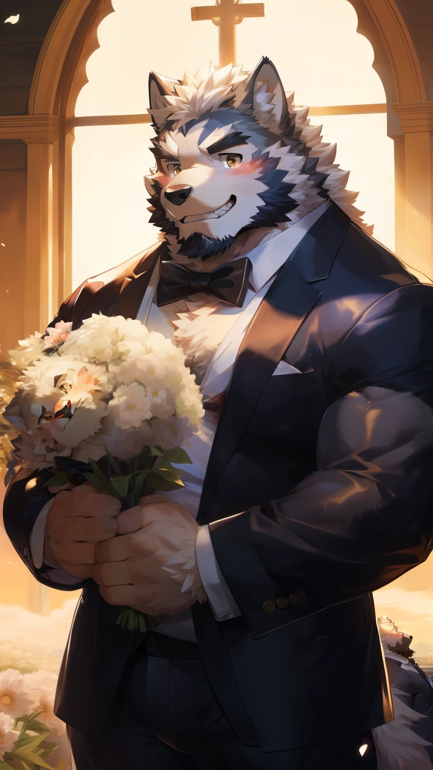 Solitary, anthropology, hairy, hairy male, Wolf, ((Fluffy fur, Fluffy, hairy body)), (Wolf印), (short beard), youth, Gray body, muscular, White, Big muscles, Golden pupils, Tail, deTailed teeth, deTailed face, Fundos, bridegroom, (Black suit suit), (Black bow tie), Holding a bouquet of white flowers, 害羞的站在church门前, deTailed Fluffy fur, deTailed face, Look down at the audience, majestic, barbarous, A faint smile, Blushing, Strong, church, White dove, Half sideways, Bottom view, (through empty ghost, From wolf26, masterpiece, high quality, high resolution,8k), permanent, Full body portrait, outdoor,