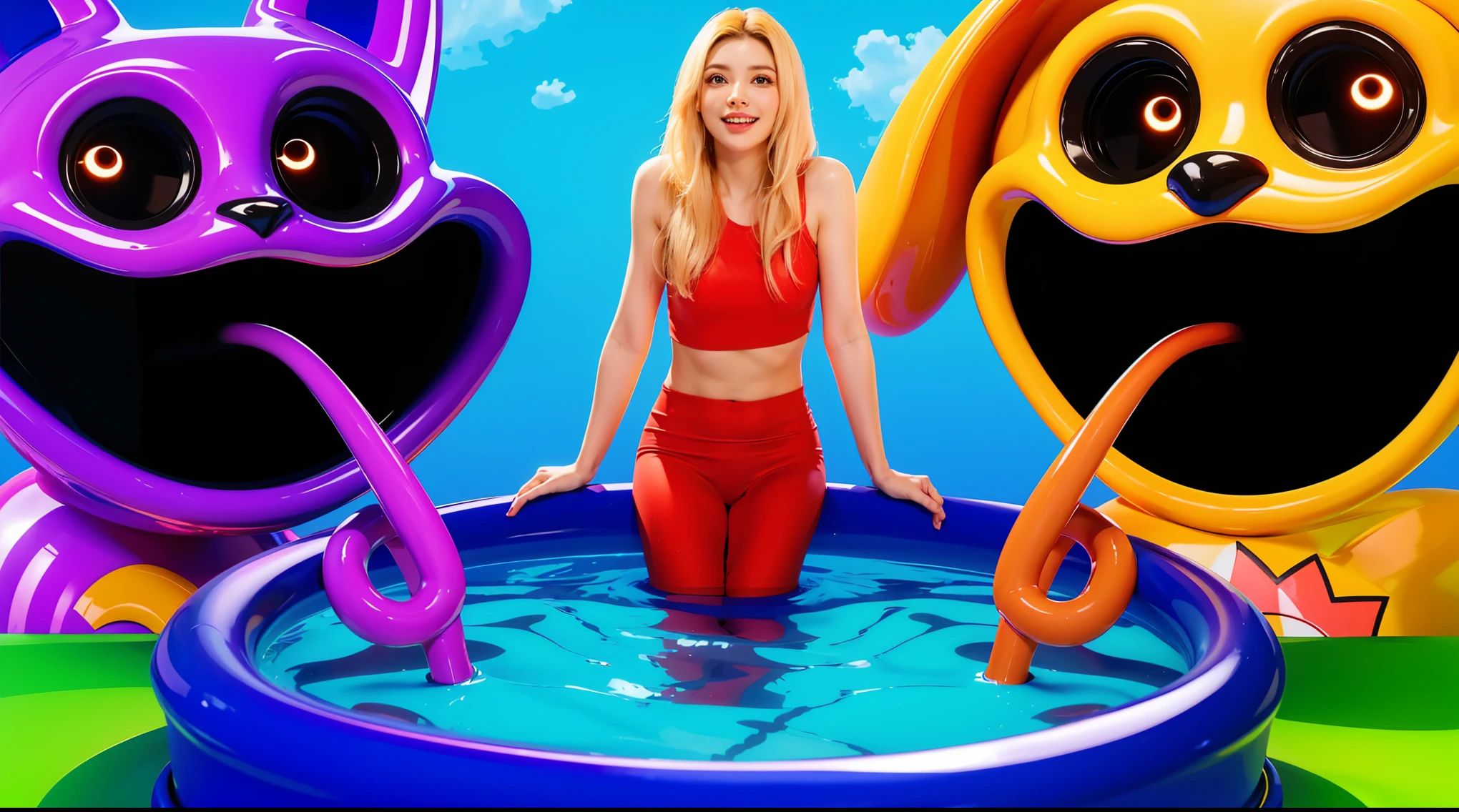 The image depicts three houses made of fish tails, sitting on the ocean floor. The left house is green, the middle one is purple, and the right one is orange. 3d underwater world algae sand. The image depicts a 3D rendered illustration of a boy and a girl with their hands shaped in the shape of a heart. They are both smiling and have red hair. The background is blue. cartoon characters stand next to each other, Electricsbunny, Holographic creatures, Beeple and Jeremiah Ketner, 🐋 as 🐘 as 🤖 as 👽 as 🐳, matte, Rabbids, cute 3D rendering, 3D icon for mobile game, robot rabbit, Shiny metallic, 3D персонажи violet cat toy, toy cat laying on glossy , glossy texture, smooth 3d model, multiple light sources, rim light, sharp post effects render, (glossy  big light probe refractions), perfect cgi, cgi art created only with gradients, smooth silhouette, high intensity refraction, (metalic), most beautiful vfx, blue background