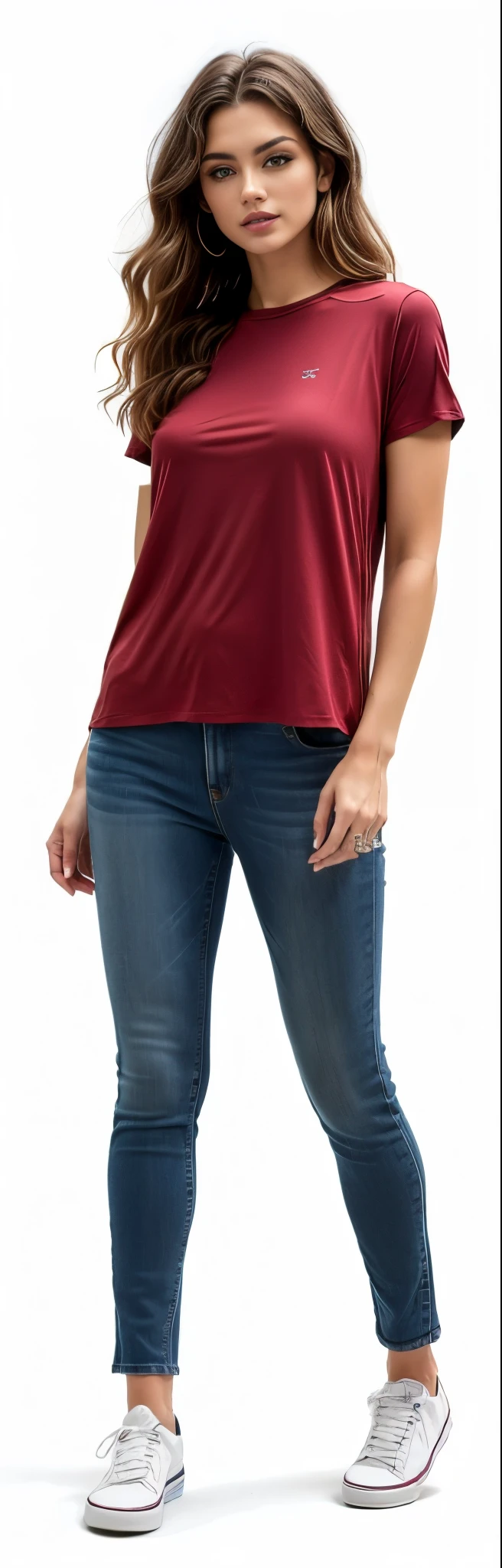 uma mulher com blusa marrom e jeans posando para uma foto, jeans e camiseta, jeans, vestindo uma camisa e um jeans, perto de um magro, Camiseta vermelha brown pants, jeans, wearing pants and t-shirt, Camisa vermelha, vestindo uma camiseta muscular, cintura fina e quadris grossos, halter neck, camisa apertada, Camiseta vermelha