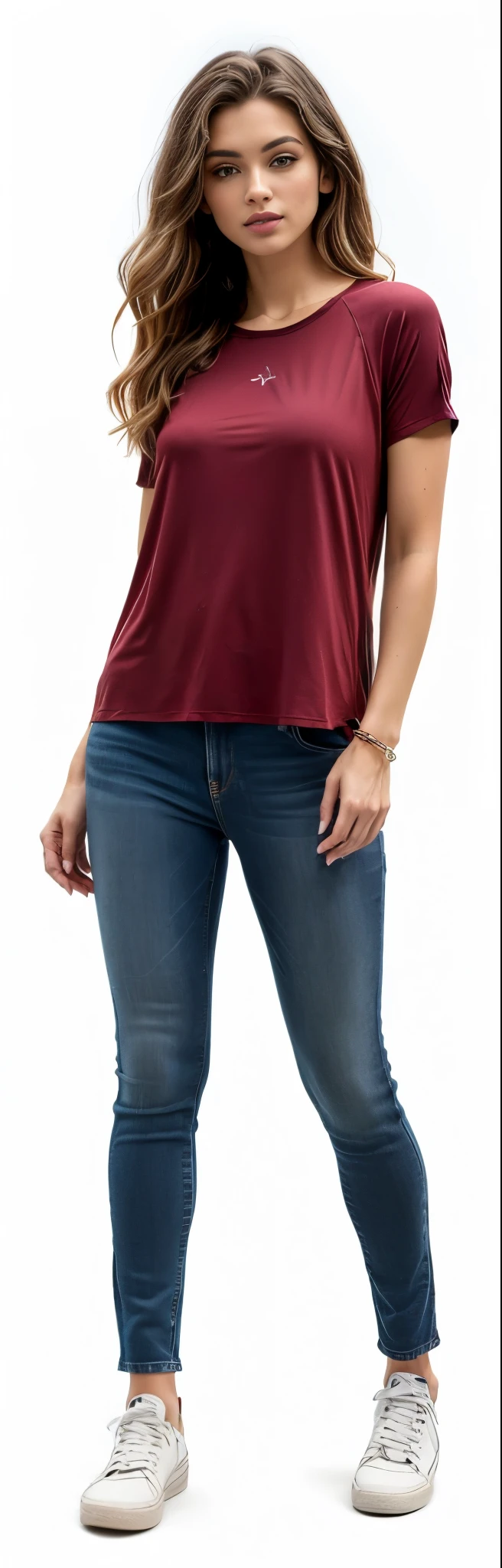 uma mulher com blusa marrom e jeans posando para uma foto, jeans e camiseta, jeans, vestindo uma camisa e um jeans, perto de um magro, Camiseta vermelha brown pants, jeans, wearing pants and t-shirt, Camisa vermelha, vestindo uma camiseta muscular, cintura fina e quadris grossos, halter neck, camisa apertada, Camiseta vermelha