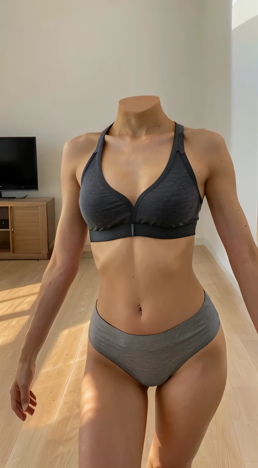 A headless girl, Caucasian,, 1.65 tall, 68 kg lbs, best quality, clean skin, medium firm breasts, perfect hands, is standing in her home in the living room, wearing tight-fitting yoga pants, sports bra, tanned body, shapely legs 3.6, well defined, high contrast, Ultra HD, photo taken from a high-tech, high-quality camera, high contrast, in bright sunlight floor, sunlight from the floor, incredible scenery with strong colors, photography of clean and glowing skin with detailed texture, ((realistic)), 16k