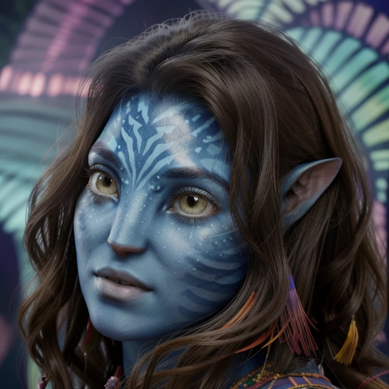 avatar style, (face portrait:1.6), naavi, 1girl, female, (brown eyes), (big eyes), ((eyebrowless)), pointy ears, (navy blue skin tone:1.0), (straight hair:1.0), brown hair color, ((long hair)), (young adult), 18 years old, face wrinkles, ((wearing colorful tribal clothing)), (wearing tribal acessories), detailed eyes, toned body, muscled body, vibrant colors, glowing, ethereal atmosphere, surrealistic dreamy lighting, textured skin, otherworldly beauty, mesmerizing photography, (best quality, highres), vivid colors, ultrarealistic, skin details, striped skin, sfw, face close-up:0.5, ultradetailed body, ((blue skin)), dark background, night time