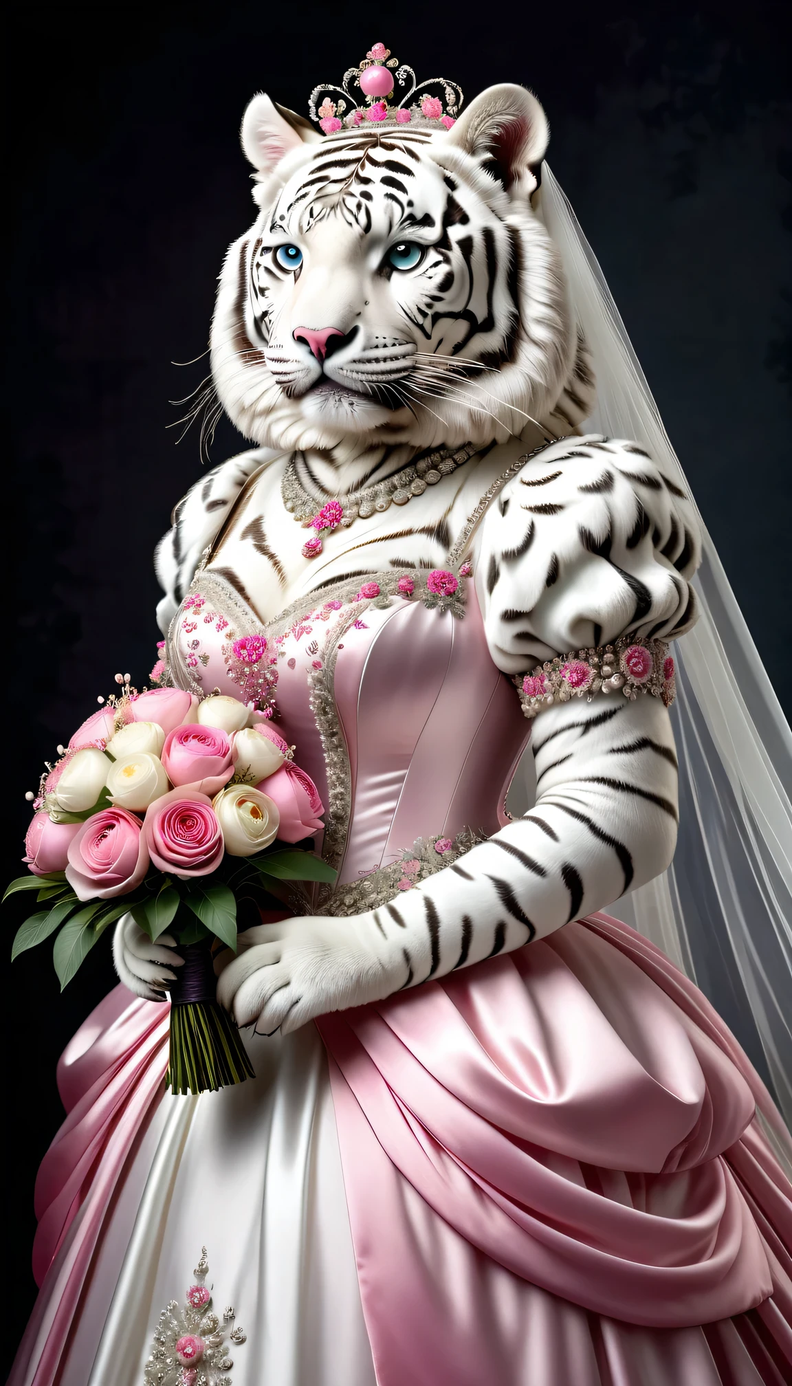 photorealistic portrait of Dressed animals - a ((fat)) white tiger bride,(elegant pose),(closed mouth),(furry), high quality,(lovely) ,intricate details, highly detailed (gothic pink wedding dress)),wearing opera globes ,wearing highly detailed veil, highly detailed decorations ,holding flower bouquet, (happy), studio lighting,(full body image:2.0)