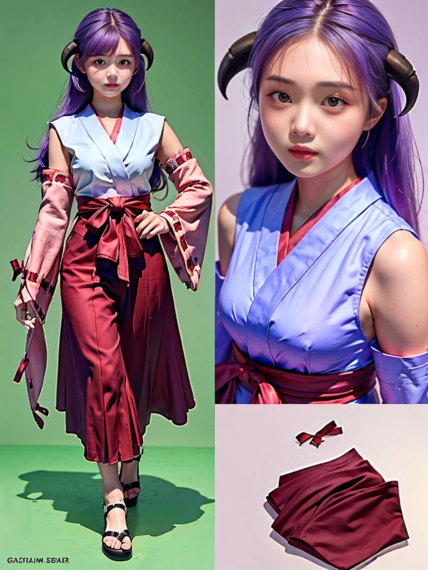 (1 girl), (Best quality at best:1.4), (ultra - detailed), (extremely detailed CG unified 16k), A Beautiful Girl: 1.4, Sharp Focus: 1.2, very detailed, High-definition RAW color photo, professional photoshooting, amazing face and eyes, (amazingly beautiful girl), ((Hanyuu, girl)), ((japanese clothes, miko, detached sleeves, hakama, hakama skirt, skirt, red hakama, ribbon-trimmed sleeves)), standing, (Dark and stylish inside temple), (look from down), realistic cinematic face, head to feet long wide zoomed out view, full body long view, photorealistic, ((realistic natural purple hair style, horns, long hair, purple eyes, blush)), extremely beautiful face, perfect beauty, pout mouth, Highly Detailed Face and Skin Texture, Detailed Eyes, Double Eyelids, Small Breasts, cleavages, western, (masterpiece), best quality, high resolution, extremely detailed, blurred background, depth of field, cinematic lighting, amazing legs, high heels, clear and well-cared skin, drinking red wine
