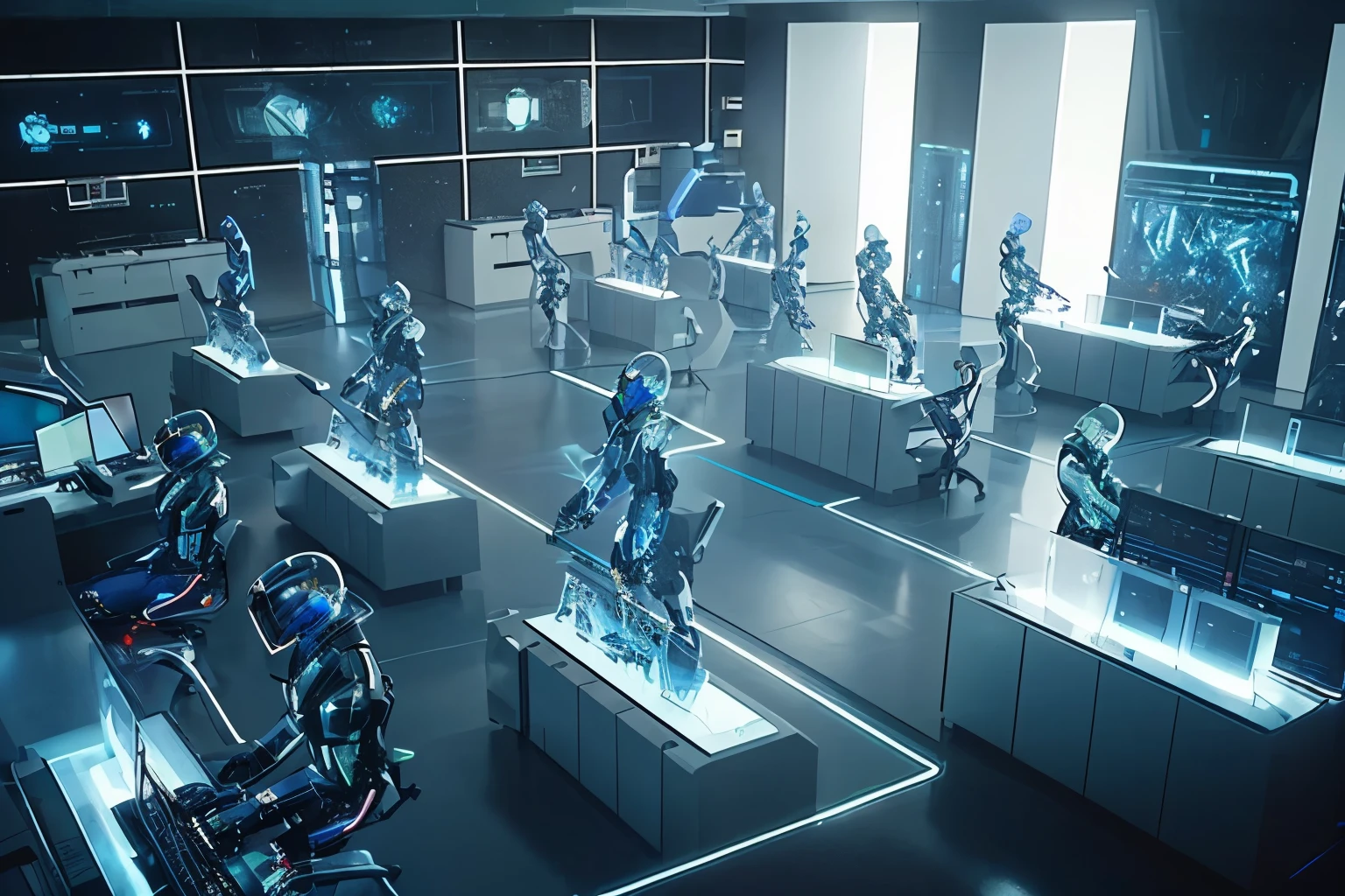 There are many robots displayed in a room., laboratorio futurista, Futuristic scientific laboratory, Futuristic cloning installation, futuristic production facility, Cyborgs trabajando, futuristic cyberpunk scenario, in laboratorio futurista room, dentro de una base militar futurista, futuristic chemistry laboratory, cyber suits, epic scene full of computers, Como un taller cyberpunk, sala llena de computadoras