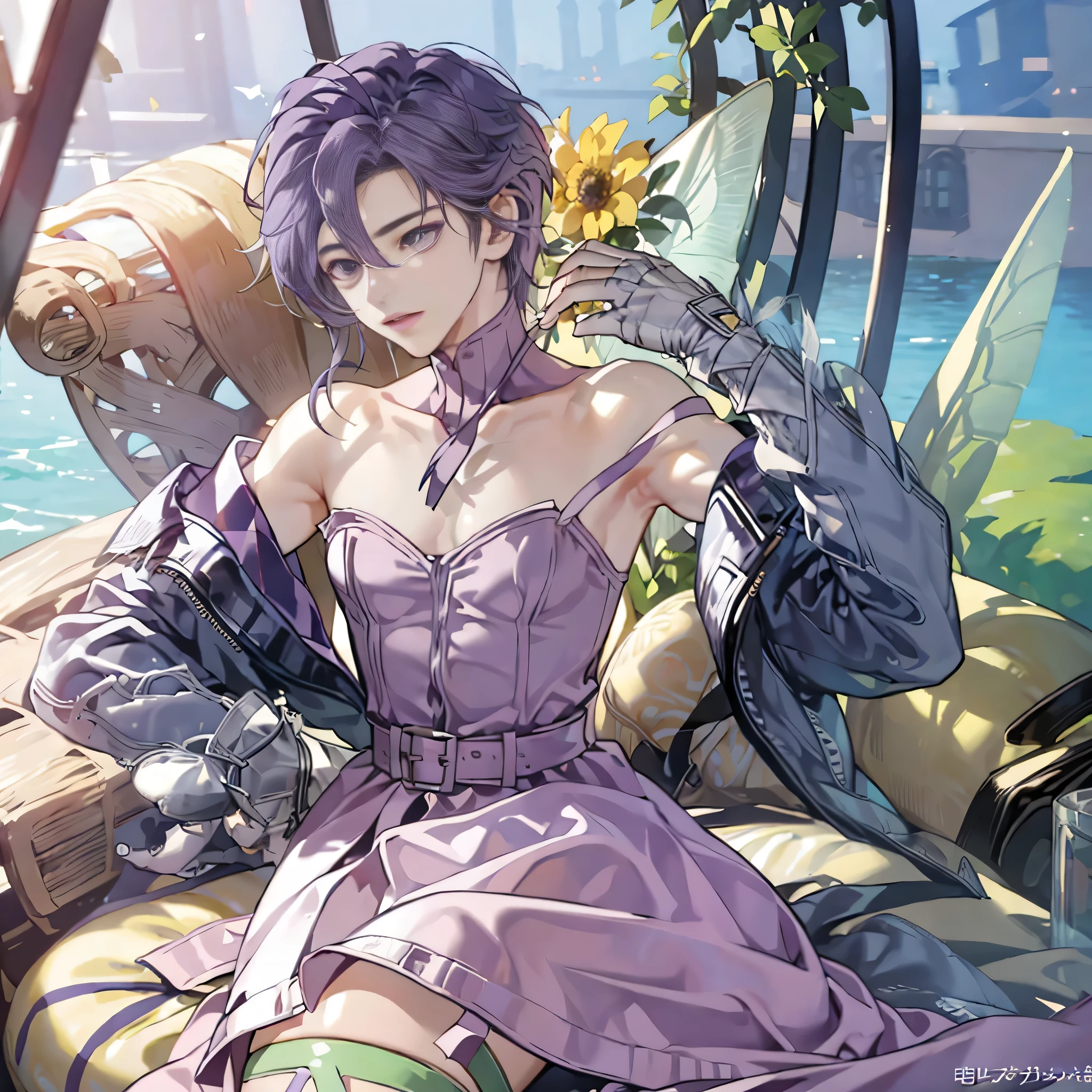 Very detailed、Ultra-high resolution、high quality、4K、solo、One boy、Very delicate and beautiful、figure、masterpiece、(figure)、Digimon、whole body、Sitting、Purple Hair、Short Hair、(covered eyes:1.7)、visor、Butterfly Wings、purple bra、panty with an high leg、purple panty、Gauntlet、Guard Strap、Knee socks、As a man