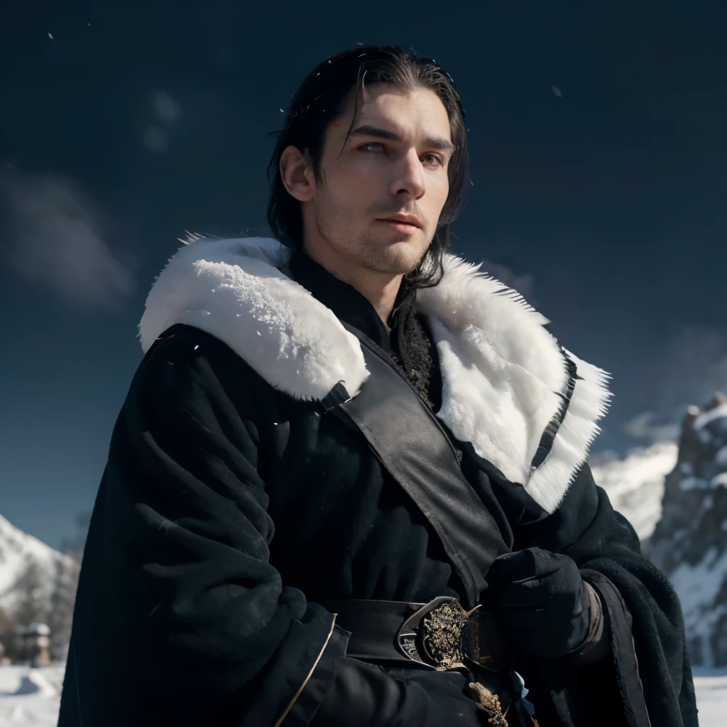 A male, snow background, fantasy kingdom vibe, jet black hair, pale skin, dark blue eyes, Wearing royal war commander clothes Wearing a thick fur robe, Having two big wolves colored pitch black and snow white, Handsome