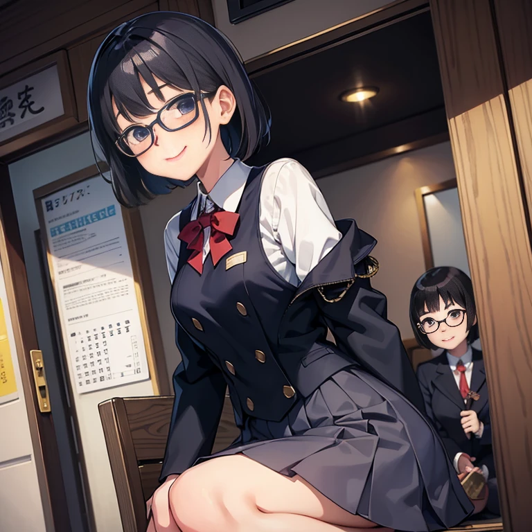 A smile full of happiness、Breathless face、Japanese High School Girl、Just arrived at the meeting、Checked ailor suit、sweating、Excited facial expression、short hair、Glasses