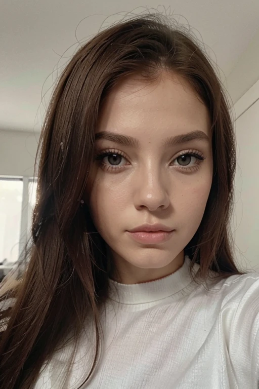 Foto estilo selfie de perfiel de rosto, extremamente realista, com detalhes da pele, dos olhos e fios de cabelo, russa de 18 anos ruiva de olhos azuis claros cabelo na altura da cintura, Jade Picon, Luana Piovani, labios de Angelina Joulie, meiga