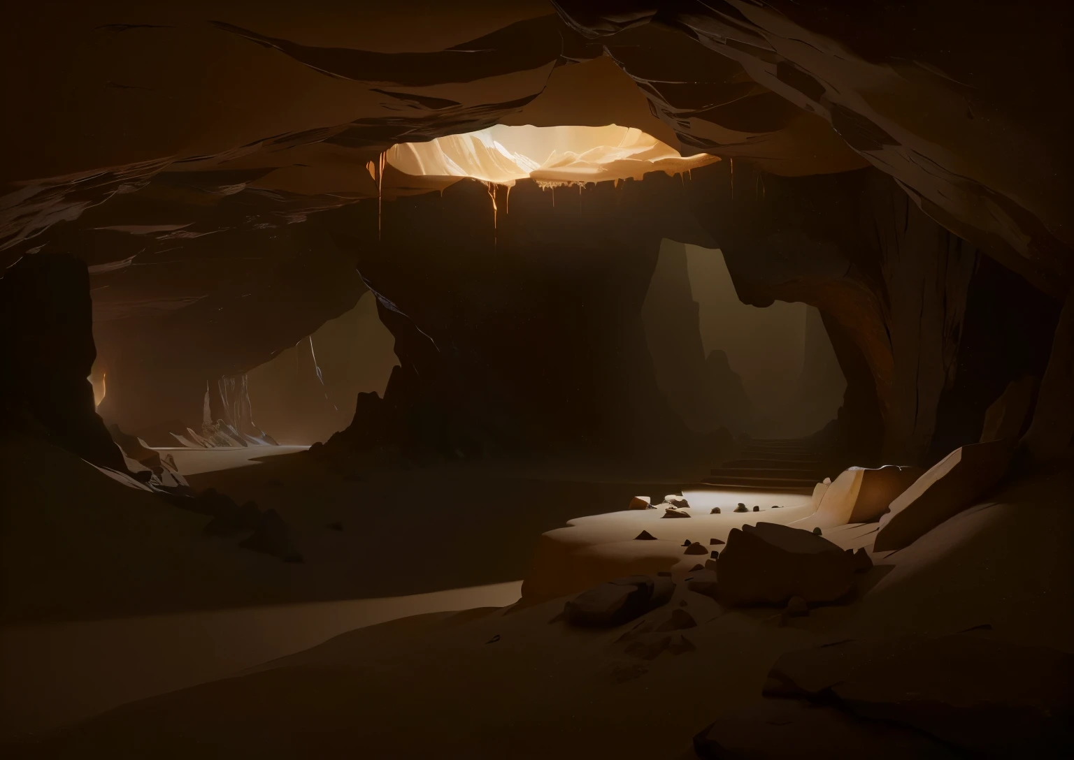 there is a cave with a light in it that is lit up, big rocks, in a large desert cave, cave, dramatic lighting. concept art, cave setting, unreal enginedigital painting, low detailed. digital painting, cave system, lighting study, an eerie cave, cave background, cavernous, caves, cave exploration, cave lighting, inside of a cave, inside a cave