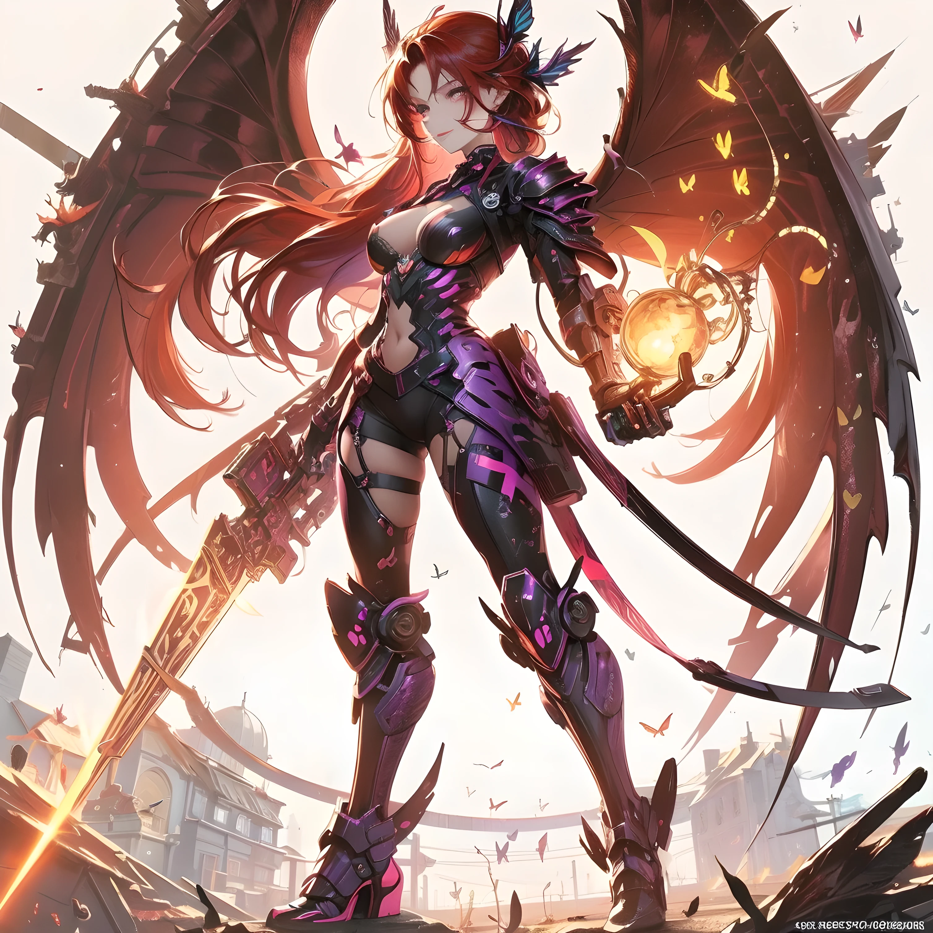  gorgeous woman,purple butterfly dark angel,red hair,cyberpunk hairstyles,confident smile,ultra-detailed,sharp focus, [purple gold and dark  neon butterfly armor colors], cyberpunk lighting, butterfly wings,neon lights, cityscape,smoky atmosphere,  tattoos, wings, garden, roses, night sky 