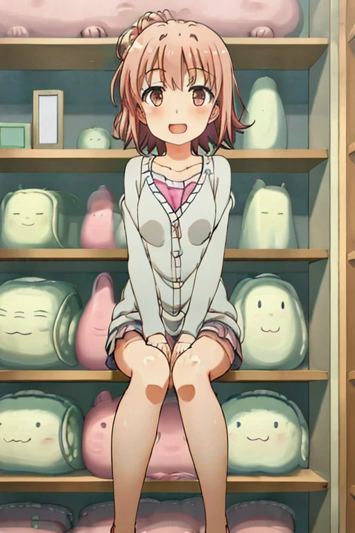 ((highest quality)), ((masterpiece)), (be familiar with), Perfect Face, indoor, Bedroom, Watching the audience,
One woman, Yuigahama Yui,
Open Mouth, Ecstatic expression, blush, smile,
Small breasts, Flat Chest, Young Girl, , , Girl,
Short Hair, Salmon-colored hair, Salmon-colored eyes, Side Pony,
Leg spread,