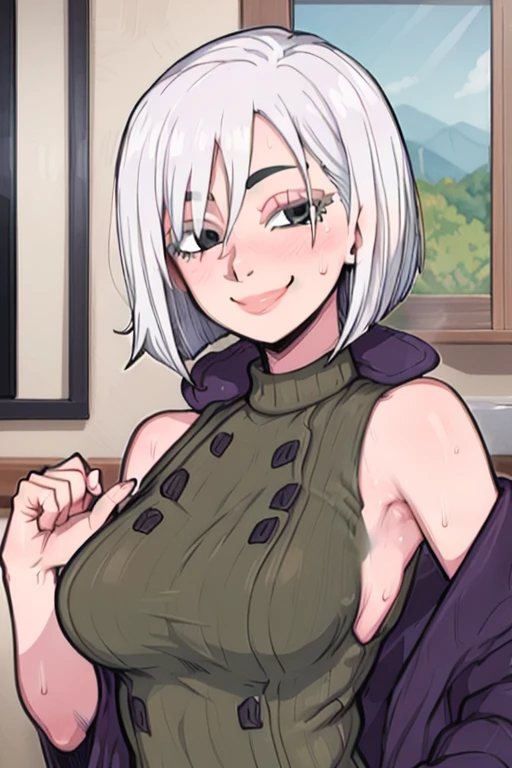 masterpiece, best quality, fiona frost, looking at viewer, large breasts, upper body, portrait, looking at viewer, seductive smile,put your hands behind your head, armpits, armpits visible, sweaty armpits, short hair, white hair, wearing army uniform