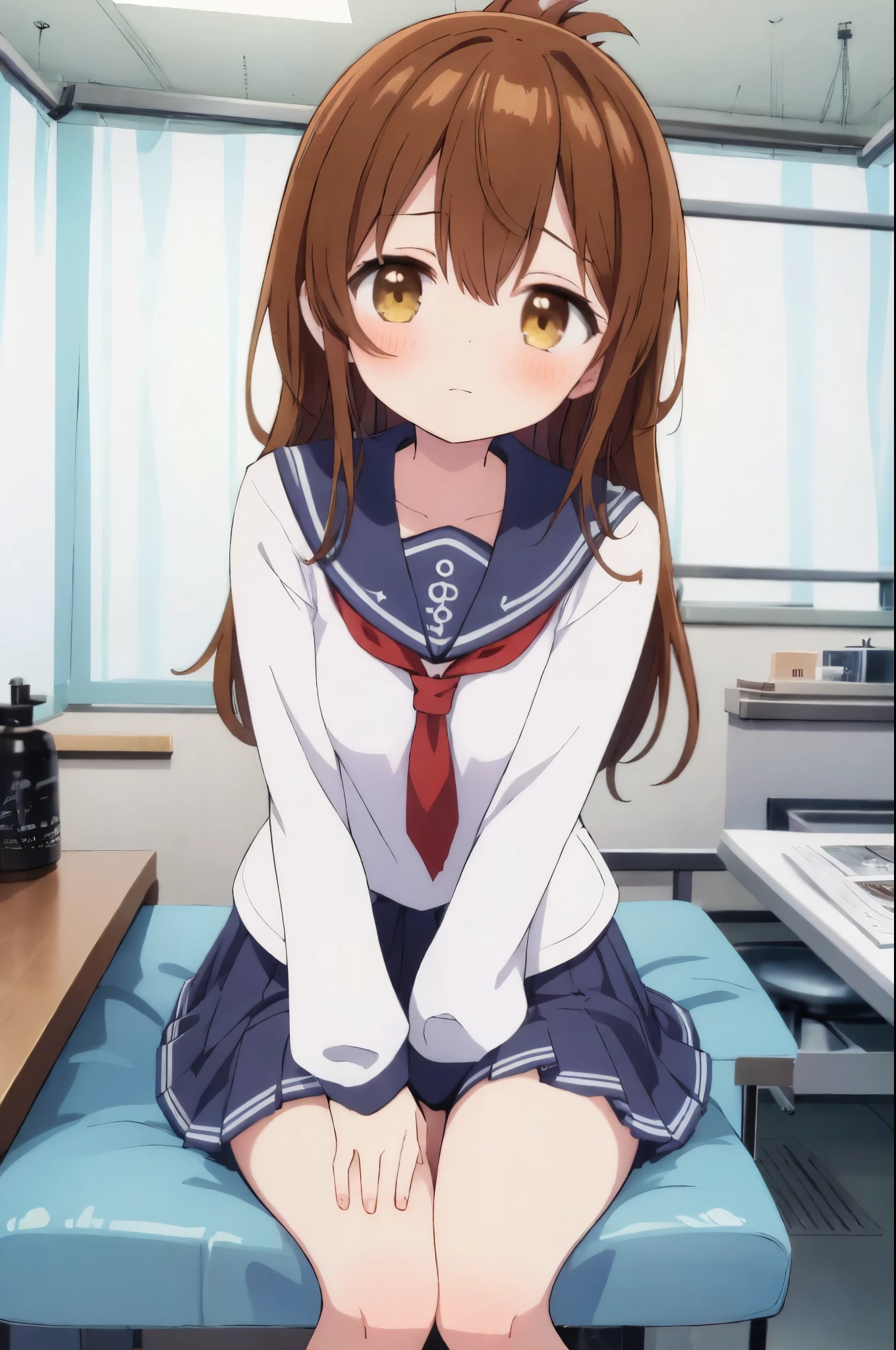 An unwell high school girl wearing a miniskirt sailor suit in the health room(masterpiece, best quality:1.2),illustration,8k,hd,1girl,solo,upper body,(portrait:1.2),brown_hair,folded_ponytail,brown_eyes,serafuku,long_hair,school_uniform,skirt,pleated_skirt,