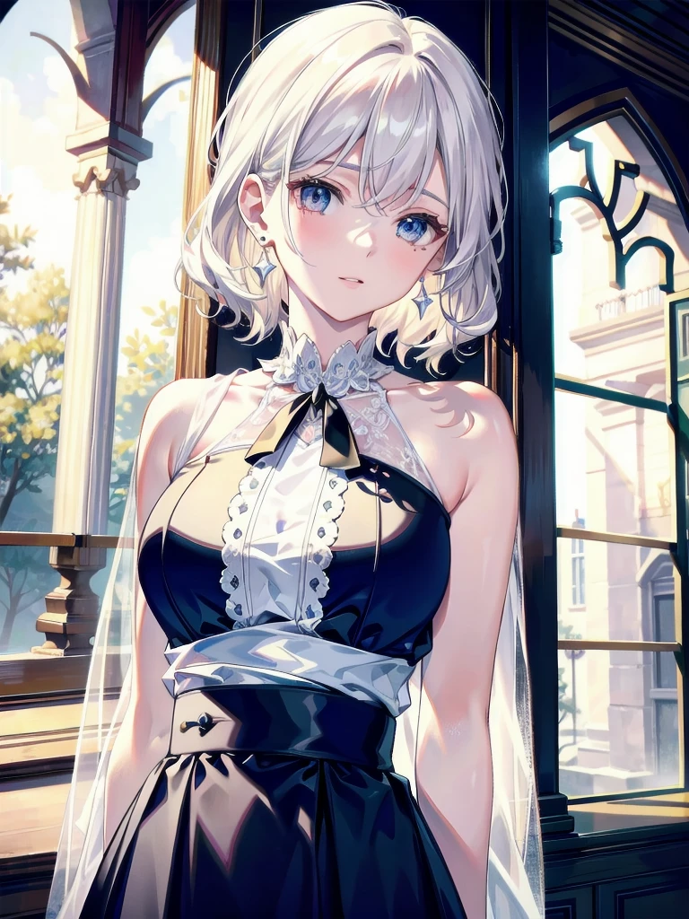 absurdres, RAW photo, extremely delicate and beautiful, masterpiece, Best Quality, ultra high resolution, 32k, hyperrealistic, ultra-detailed, detailed description, pale skin, 20 years old, delicate facial features, detailed beautiful face and eyes, tearful mole, earring, Colossal tits, short medium hair, wavy hair, full body shot, halterneck, blouse, skirt,