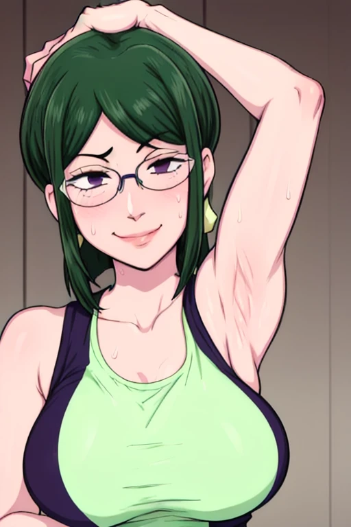 masterpiece, best quality, hanako koyanagi, solo,looking at viewer, large breasts, upper body, portrait, looking at viewer, seductive smile,put your hands behind your head, armpits, armpits visible, sweaty armpits, more sweaty armpits,long hair, green hair, wearing purple tanktop no bra, wearing glasses