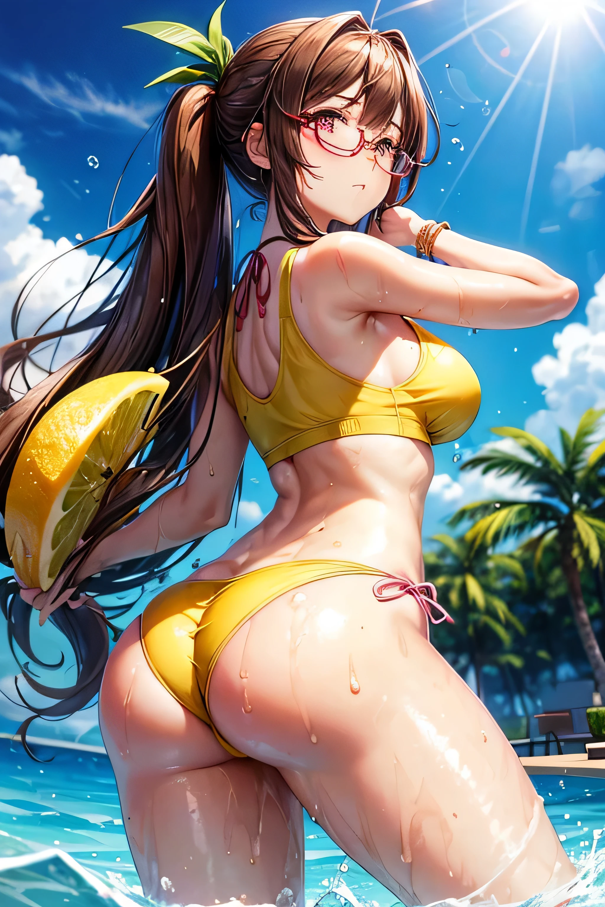High resolution, high quality, One girl, Anime Girls, Brown long hair, Brown eyes, Pink Glasses,heart shaped pupils,Sunburned skin, Large Breasts,beautiful breasts,pointy breasts,(Big Ass),beautiful ass,Embarrassed,Tank Top,swimsuit,Back Pose,lower body,sweat,wet,swimming,(open legs),arms behind head,at Poolside,(Kiwi juice),(lemon juice),(orange juice),(Pineapple juice),(Mango juice),(water),